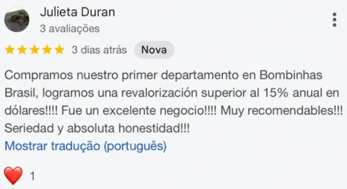 Avaliação de Julieta Duran no Google: 5 estrelas, revalorização superior a 15% ao ano em dólares